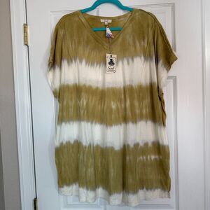 Easel Women's Olive Green Striped Relaxed Fit V-neck Top Oversized Large